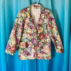 Vintage ✌️ Floral Denim Blazer. 100% Cotton. Pockets. Shoulder Pads. Size S / M.